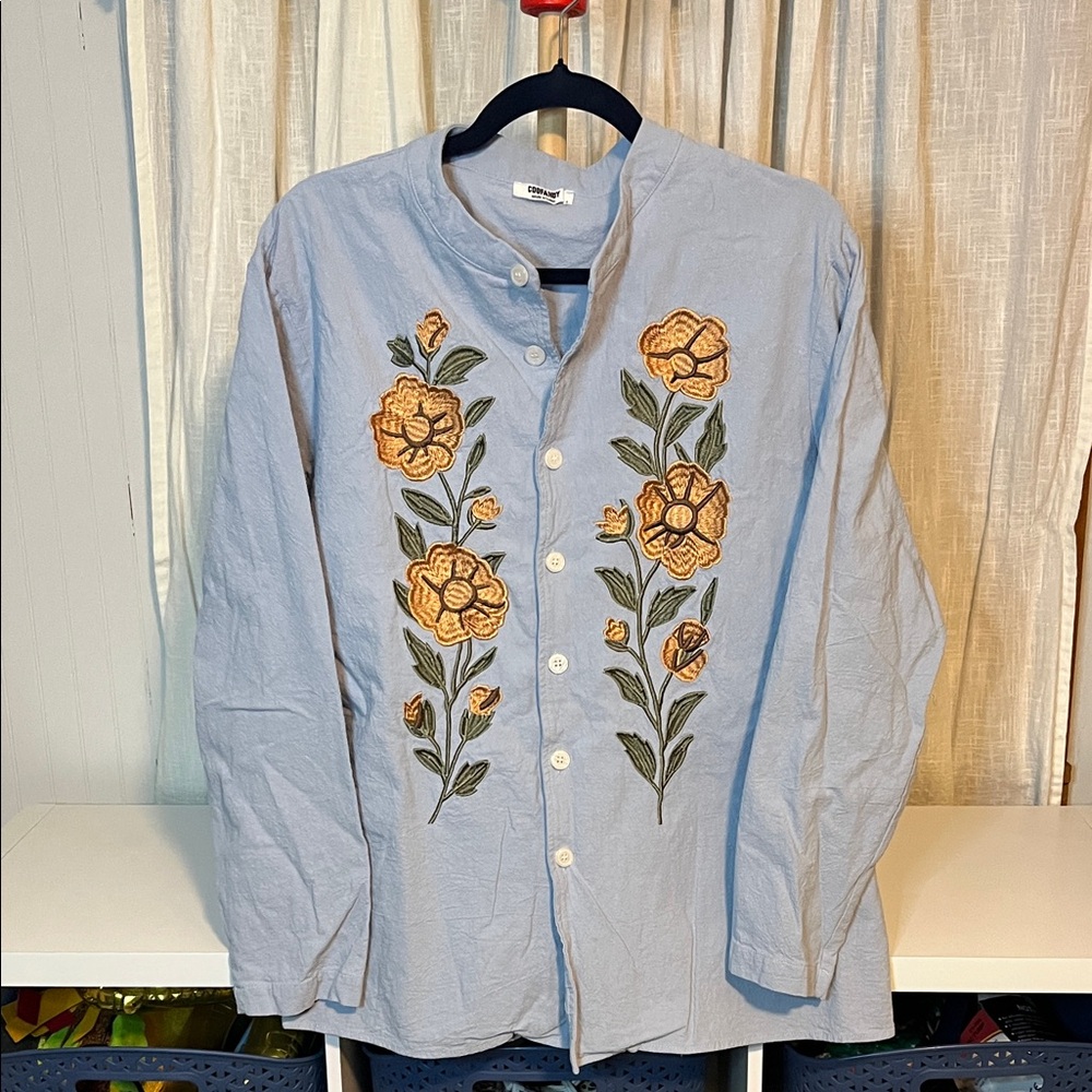 Coofandy Floral Embroidered Button Down Shirt, Size L